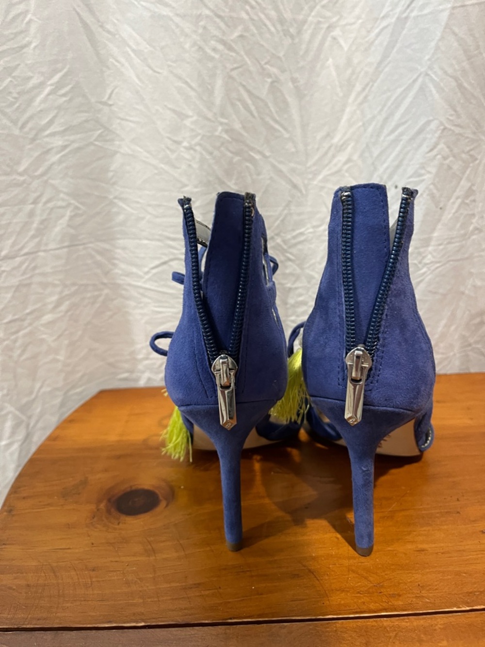 Sam Edelman Royal Blue Suede Lace-Up Heels with Neon Yellow Tassels - Picture 3 of 4
